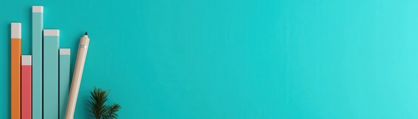 Obraz premium A vibrant workspace featuring colorful test tubes, a pencil, and a minimalist design on a turquoise background.