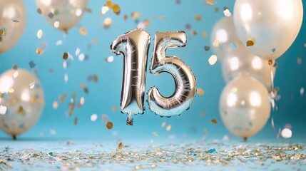 Silver number 15 balloon with glitter confetti surrounded by shimmering balloons against a vibrant blue background, creating a festive atmosphere.
