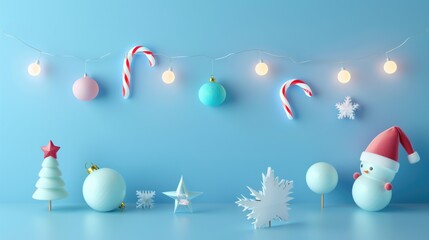 Christmas decorations and gifts on a blue background, in cartoon style, with a cute and simple design. These decorations have a minimalist aesthetic, using simple shapes and soft colors