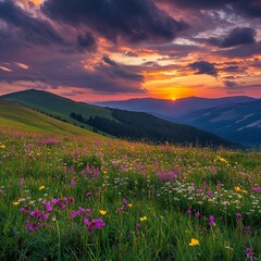 Obraz premium Picturesque scenery of summer green hills under a gorgeous sunset sky with clouds. Wildflowers on a green grass meadow. Carpathian mountains. Ukraine.