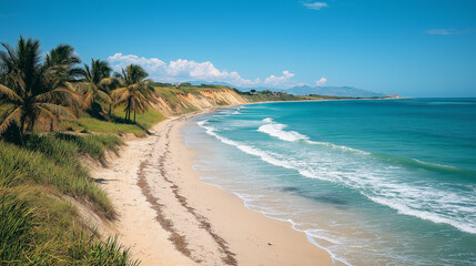 sandy beach with palms trees and azure ocean in background