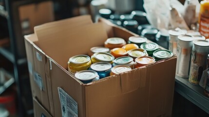 Assorted jars of colorful preserves arranged neatly in a cardboard box in a storage area