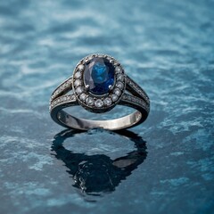 A sapphire-studded ring, placed near a serene blue water background.