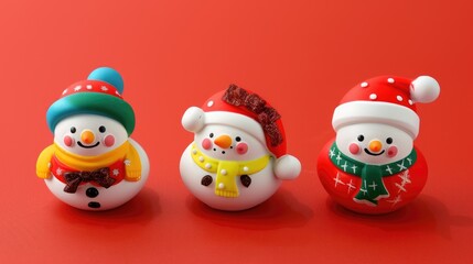 Three cute Christmas snowmen on a red background in 2D illustration style with plasticine texture at a 45 degree angle. Cute cartoon design with bright colors and a simple and clean look