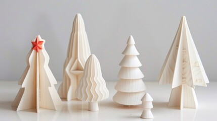 Simple geometric Christmas tree, minimalist design, 3D wood sculpture, few flat details, thin lines