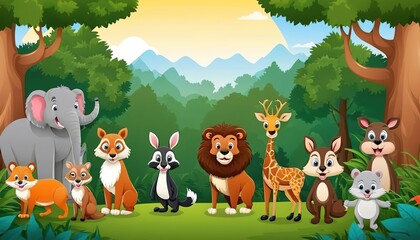 "Funny animal cartoon with forest background, playful characters, vibrant colors, whimsical nature scene, cheerful illustration."