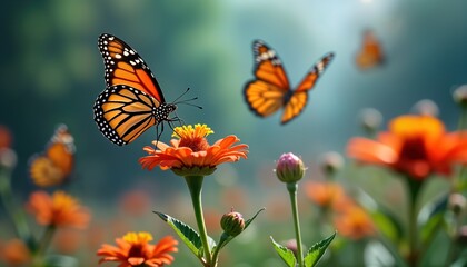 Colorful butterflies flit around vibrant orange flowers in garden. Butterflies actively feeding on flower nectar. Beautiful scene of nature life cycle of insects, plants. Spring summer blossoms bloom
