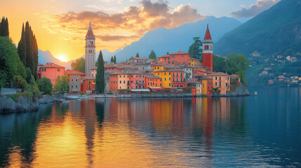 Obraz premium Scenic View of village and Lake. Beautiful aerial waterfront cityscape