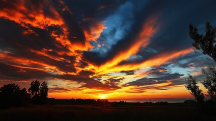 Vibrant Sunset Illuminating Solar Panels with Dramatic Cloud Patterns and Golden Horizon Highlighting Innovation in Harmony with Nature