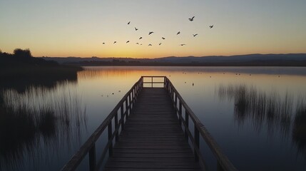 Obraz premium Serene Sunset Over Calm Lake With Birds And Wooden Dock