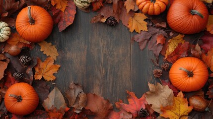 Thanksgiving Banner Featuring Vibrant Autumn Leaves and Decorative Pumpkins with Ample Space for Custom Text Personalization