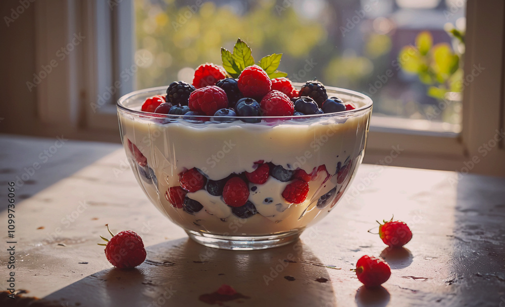 Poster bowl of fruit with blueberries and raspberries. the bowl is on a table. there are strawberries on th