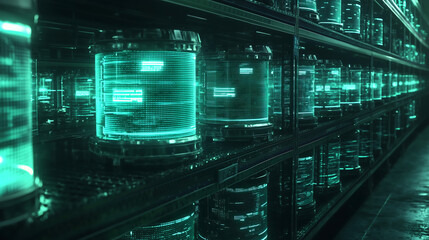 Obraz premium Rows of transparent cylindrical servers glow with teal digital code filling a futuristic data center Hightech network storage in a dark sleek environment