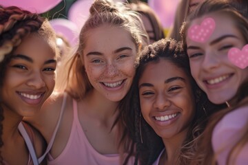 Fototapeta premium Cheerful Group of Young Women Embracing Friendship and Support in a Joyful Moment with Balloons and Smiling Faces