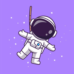 Fototapeta premium Cute Astronaut Floating In Space With Rope Cartoon Vector Icon Illustration Science Technology Icon Concept Isolated Premium Vector. Flat Cartoon Style