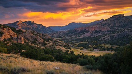 Fototapeta premium A breathtaking view of a mountain range bathed in golden light during sunset with the sky painted in warm hues