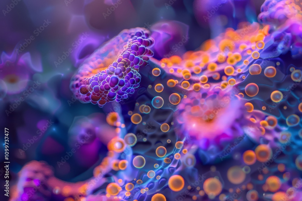 Poster close-up view of herpes virus particle with intricate details, featuring vibrant color patterns in a