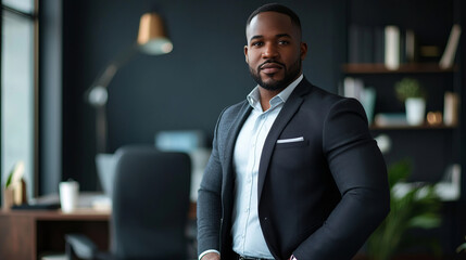 Confident businessman standing in modern office setting, looking professional