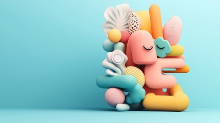 Obraz premium Colorful abstract 3D objects arranged in a playful and whimsical composition on a blue background.