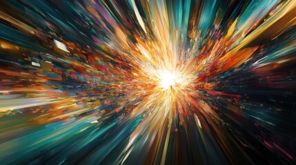 Abstract representation of diversity with a dynamic swirl of multicolored shards forming a radiant, central burst in a minimalist space, Photo of