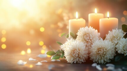 Solemn celebration background with lit candles and soft-toned chrysanthemums, perfect for commemorative events and includes space for personalized text.