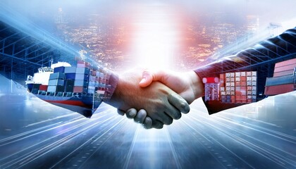 Global Partnership: A powerful handshake symbolizes a strategic alliance forged in the heart of international trade, with digital overlays representing the interconnectedness of global business.