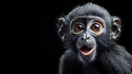 Fototapeta premium Playful monkey captured in a studio portrait, showcasing a surprised expression with large, expressive eyes against a black background.