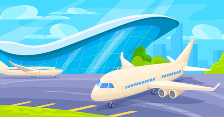 Fototapeta premium Airplane at airport landscape. Passenger aircraft arrival on runway or preparing takeoff outdoor city airline terminal building, plane flight departure neat vector illustration