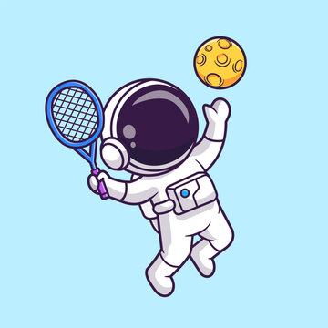 Cute Astronaut Playing Tennis Moon Ball Cartoon Vector Icon 
Illustration. Science Sport Icon Concept Isolated Premium 
Vector. Flat Cartoon Style