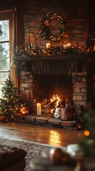 Obraz premium Cozy holiday scene with a warm fireplace and Christmas decorations.