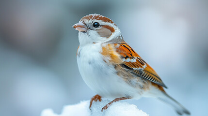 Sparrow perched on snow-covered branch in winter