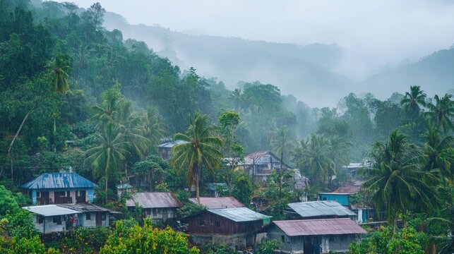 Rural village in tropical forest experiencing heavy rain with flooding and landslides, showcasing misty hills and lush greenery surrounding houses.