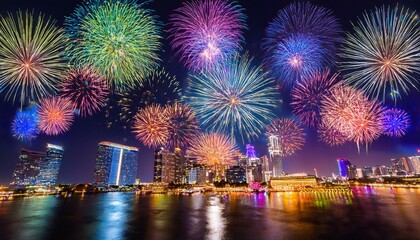 Fototapeta premium Fireworks Symphony Over Cityscape: A breathtaking display of vibrant fireworks illuminates the night sky above a bustling cityscape, reflecting in the calm waters below.