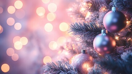 Dreamy festive atmosphere with soft pastel bokeh lights and decorated Christmas tree branches adorned with shimmering ornaments.