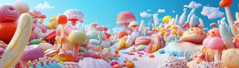 Panoramic view of a fantastical realm where edible landscapes blend into surreal culinary masterpieces, vibrant colors dance among flavors