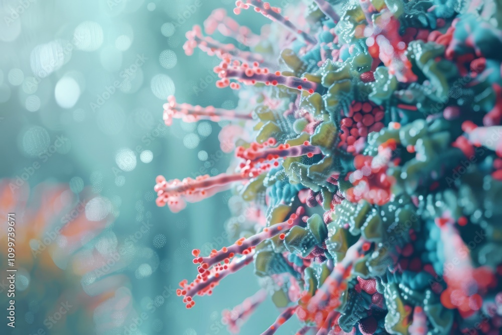 Poster highly detailed microscopic view of virus particle, showcasing complex structures and textures under