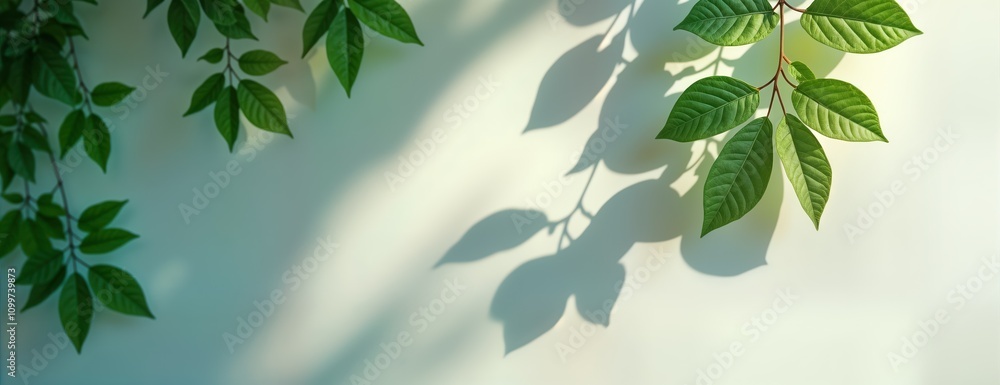 Poster fresh green leaves cast soft shadows on light beige wall. sunlight filters through leaves creating n