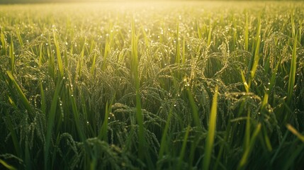 Obraz premium Lush green rice field at dawn, glistening with dew under gentle sunlight, creating a tranquil and vivid morning landscape.