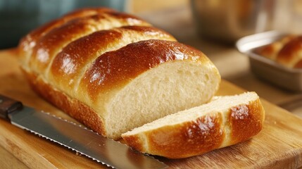 Fototapeta premium Freshly baked loaf of golden bread being sliced on a wooden cutting board, showcasing a knife and the soft, fluffy interior, highlighting healthy eating.