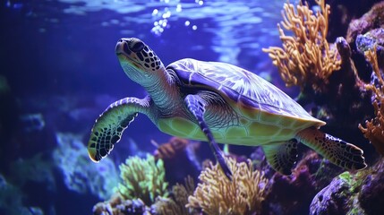 Obraz premium Sea turtle gracefully swimming amidst lush coral reef teeming with vibrant marine life in a stunning underwater ocean environment