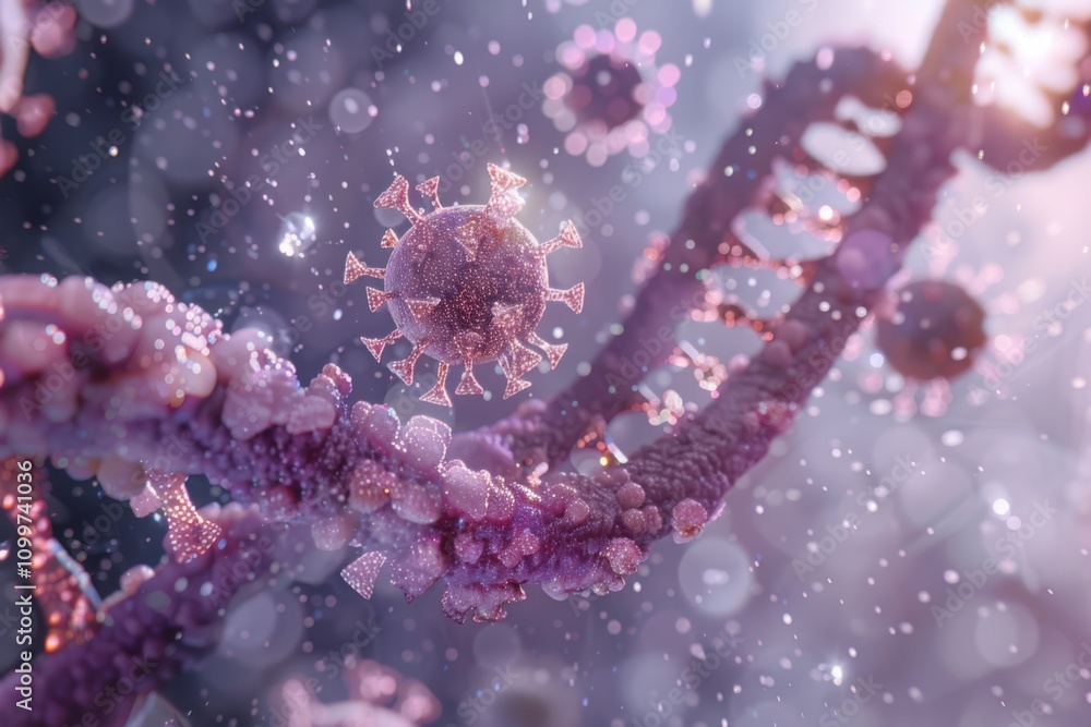 Poster microscopic view of retrovirus integrating into genetic material with vibrant colors and fine detail