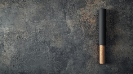 Sponge roller on a wooden handle resting on a textured gray wall surface, ideal for home improvement projects, with a blank space for text.