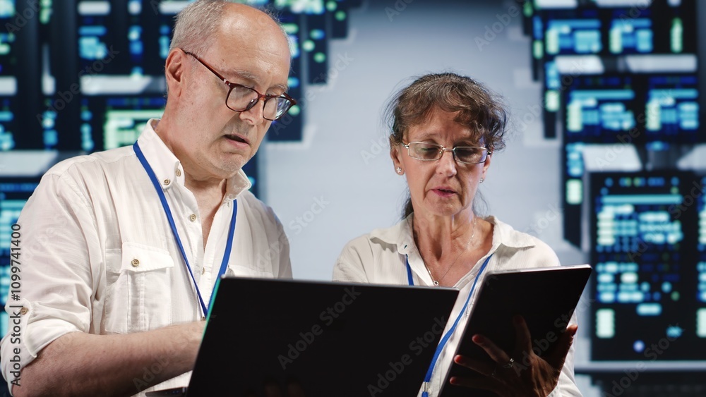 Aufkleber dilligent manager and assistant looking around data center, using laptop and tablet to crosscheck di