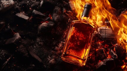 A bottle of whiskey. Strong alcohol. Alcoholic drink.