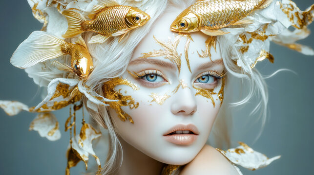 A white marble blonde woman as Pisces zodiac sign has gold hair, wearing gold fish on her head and body and gold
