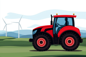 Renewable Cultivation Eco concept. red tractor drives through green fields with wind turbines nearby