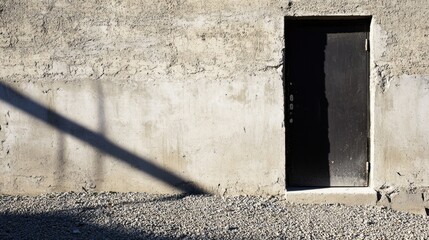 Silhouette of a shadow cast on a textured concrete wall near a black door with visible gravel in the ground at the base of the wall.