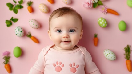 Fototapeta premium Adorable baby in a soft pink onesie with bunny foot prints, surrounded by Easter decorations like mini carrots, eggs, and spring flowers 