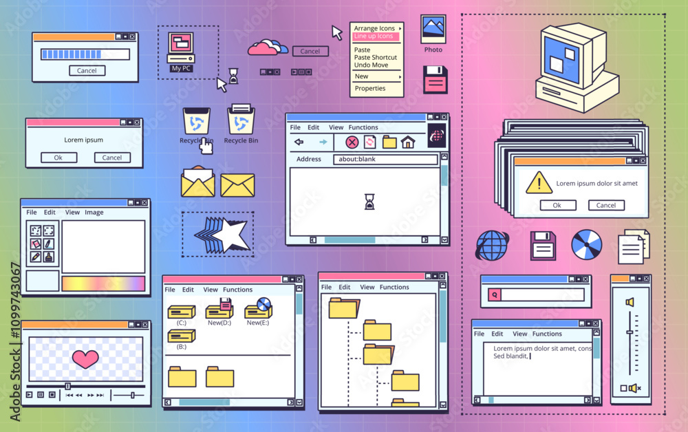 Aufkleber Vintage desktop windows. Old computer retro interface, search browser frame file tab gui element user page cyber system 80s 90s 2000s aesthetic template, classy vector illustration