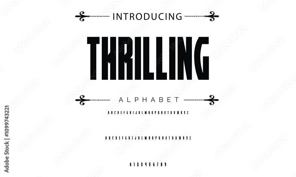 Poster modern techno font, futuristic line type of english alphabet letters and numbers. minimal tech typef